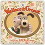 "Wallace & Gromit". "Official 2027 Calendar". Gezeichnete Figuren in einem ovalen Rahmen vor Blumenhintergrund.