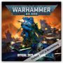 "Warhammer 40,000", "OFFICIAL 2026 CALENDAR". Sci-Fi-Illustration eines gepanzerten Kriegers in einer Schlacht.