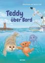 „Teddy über Bord“ steht groß daneben. Eine Robbe schwimmt mit einem Teddy im Wasser, daneben eine Qualle. Ein Hase sitzt auf Felsen.
