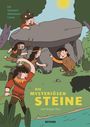 „Die mysteriösen Steine“ von Gregor Hinz, ein Steinzeit-Abenteuer-Comic. Kinder betrachten einen großen Felsen.