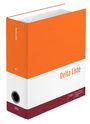 Ein orange-weißer Aktenordner mit der Aufschrift "Delta Liste" an der Seite.
