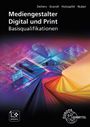 Text: "Mediengestalter Digital und Print Basisqualifikationen." Technologie-Themen in neonfarbenem, digitalem Design.