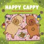 "Happy Cappy Cosy Capybara Coloring" oben. Zwei entspannte Capybaras liegen auf einer Picknickdecke mit Keksen.