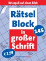 "Rätsel Block in großer Schrift", "Ratespaß auf einen Blick", "145", "€ 2,99". Hintergrund: Kreuzworträtsel.