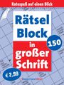 „Ratespaß auf einen Blick. Rätsel Block in großer Schrift. 150. €2,99.“  
Bunte Gestaltung mit Kreuzworträtsel-Hintergrund.