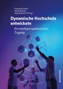 "Dynamische Hochschule entwickeln. Ein multiperspektivischer Zugang." Silhouetten vor schwebenden 3D-Würfeln in Blau.