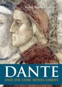 Text: "BIOGRAPHIE: DANTE UND DIE LIEBE SEINES LEBENS", "KLAUS RUDOLF ENGERT". 
Es ist eine Illustration von Dante Alighieri.