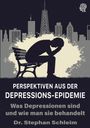 "PERSPEKTIVEN AUS DER DEPRESSIONS-EPIDEMIE", Illustration: Silhouette einer nachdenklichen Person auf einer Bank vor Stadtsilhouette.