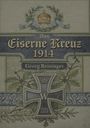 Text: "Das Eiserne Kreuz 1914. Georg Reisinger." Illustration mit Kaiserkrone, Lorbeerkranz und Eisernem Kreuz umgeben von Eichenlaub.