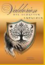 "Valdorion: Die Schatten erwachen" oben, "Christian Würdemann" unten. Ein Schild mit Baum und ein Skelettarm sind zu sehen.