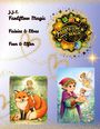 Text: J.J.C. Farbflow Magic, Fairies & Elves, Feen & Elfen, FARBFLOW MAGIC. Logo mit magischen Symbolen. Zwei Illustrationen: Eine zeigt einen elfengleichen Jungen mit Feen, die andere ein Märchenwesen auf einem Fuchs.