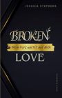 "Broken: Mein Herz wartet auf dich" und "Love" in großer Schrift. Dunkler Hintergrund.