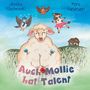 „Auch Mollie hat Talent“, Illustration mit Schaf, fliegendem Vogel, Kuh im Tutu und kleinem Haus im Hintergrund.