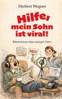 „Hilfe, mein Sohn ist viral! Bekenntnisse eines analogen Vaters.“ Illustration: Vater mit Kopfhörern, Sohn mit Abo-Schild.