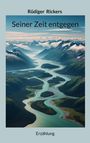 "Rüdiger Rickers. Seiner Zeit entgegen. Erzählung." Eine weitläufige Flusslandschaft umgeben von schneebedeckten Bergen.
