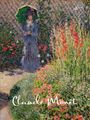 2027, Claude Monet. Eine Frau mit grünem Schirm in einem blühenden Garten, impressionistischer Stil.