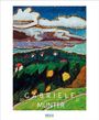 Texte: "GABRIELE MÜNTER 2027". Illustration einer Landschaft mit grünem Hügel, bunten Häusern und dramatischen Wolken.