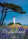 „Deutschland 2027“-Titel mit einem Leuchtturm auf einem Hügel, umgeben von lila Blumen und einem Baum.