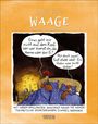 "24.09.–23.10. WAAGE Cartoons von Johann Mayr. Zwei Hühner im Bett sprechen über Henne oder Ei. Ein Hahn fehlt."