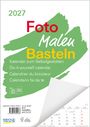 Text: "2027, Foto, Malen, Basteln, Kalender zum Selbstgestalten". Grüner Farbfleck, Kalenderblätter unten rechts.