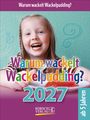 „Warum wackelt Wackelpudding?“, Kinderlächeln mit Pudding, Umrandung in Lila und Türkis, 2027, ab 5 Jahren.