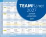 TEAMPlaner 2027, 12 SPALTEN zur Planung, zeigt Termine, Urlaub, Aufgaben. Lineares Monatslayout in Blau-Gelb.