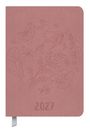 Text "2027". Rosa Cover mit geprägtem floralen Muster. Weißes Stoffbändchen unten links.