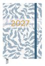 „2027 Zweitausendsiebenundzwanzig“ in goldener und blauer Schrift, mit blauen Blättern auf weißem Hintergrund.