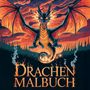 "Drachen Malbuch" in flammender Schrift. Illustration eines schwarzen Drachens mit Feuerflügeln vor einem dramatischen Himmel.