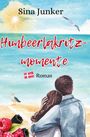 „Sina Junker. Himbeerlakritzmomente. Roman.“ Illustration: Paar am Strand, Möwen, Himbeeren und Lakritzstücke.