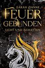 "Sarah Danne, Feuer Gebunden, Licht und Schatten." Illustration eines Drachens aus Gold und Silber auf dunklem Hintergrund.