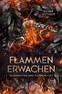 „FLAMMEN ERWACHEN. FEUERMOTTEN UND STERNENLICHT.“ Eine Motte mit Flammen und glühende Blätter im Hintergrund.