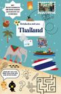 „Entdecke mit uns Thailand“, bunte Illustrationen: Elefant, Tuk-Tuk, Boot, Palme, Kokosnuss, Flagge und Ikonen wie Labyrinth.