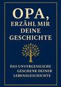 Text: "OPA, ERZÄHL MIR DEINE GESCHICHTE" und darunter "DAS UNVERGESSLICHE GESCHENK DEINER LEBENSGESCHICHTE". Illustration: Ein Baum.