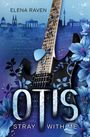 "ELENA RAVEN OTIS STRAY WITH ME", E-Gitarre mit blauen Blumen, Noten und Stadtsilhouette im Hintergrund.
