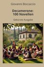 Giovanni Boccaccio, Decamerone: 100 Novellen, Gekürzte Ausgabe. Illustration von Menschen in historischer Kleidung im Garten.