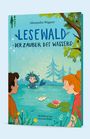 Titel: "Lesewald - Der Zauber des Wassers". Zwei Kinder betrachten eine Meerjungfrau im Wasser; bunte, fröhliche Illustration.