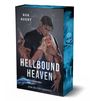 Text: "HELLBOUND HEAVEN", darunter "DARK MILITARY ROMANCE". Illustration: Ein Mann hält eine Waffe, hinter einer Frau.
