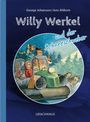 "Willy Werkel und der Schneeschweber", Urachhaus. Illustration von Menschen in einem Schneeschweber im winterlichen Wald.