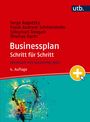 "Businessplan Schritt für Schritt, Lehrbuch mit eLearning-Kurs, 4. Auflage." Bunte Glühbirnen-Illustration unten.