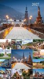 Text: "Heidelberger Bildkalender 2027". Eine Collage von Fotos Heidelbergs, u.a. mit der Alten Brücke, Schloss und Landschaften.