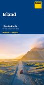 „Island Länderkarte“, „Für eine unbeschwerte Reise“, „Maßstab 1: 600.000“. Straße mit rotem Auto, Berge im Hintergrund.
