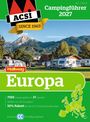 Text: "Campingführer 2027, Europa, 7505 Campingplätze in 31 Ländern." Unter einem Logo eine Landschaft mit Wohnwagen und Bergen.
