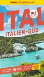 "ITALIEN-SÜD" reiseführer von Marco Polo, Küstenlandschaft mit Felsen und grünem Wasser, Segelboot im Vordergrund.