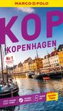 Titel: "KOPENHAGEN". Lila Text mit einem farbenfrohen Hafen im Hintergrund, Boote und bunte Gebäude.