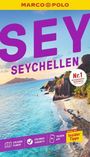 "SEY Seychellen", "Nr. 1", "Insider Tipps". Tropische Küste mit türkisfarbenem Wasser, dramatische Felsen und blauer Himmel.