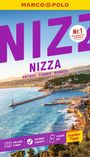 "MARCO POLO; NIZZA; Nr.1 Meistgekaufter Reiseführer; ANTIBES CANNES MONACO. Küstenansicht mit blauem Meer und Hafen."