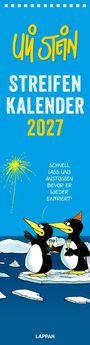 Streifen Kalender 2027. Schnell, lass uns anstoßen bevor er wieder einfriert! Zwei Pinguine mit Sektgläsern, Feuerwerk am Himmel.