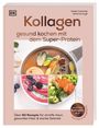 "Kollagen: gesund kochen mit dem Super-Protein." Drei Gerichte: Suppe, Beeren-Smoothie, Schüssel mit Lachs. Rosa Hintergrund.