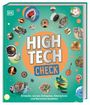 „HIGH TECH CHECK“ in großen Lettern, umliegende Objekte zeigen moderne Technologien, grün-orangefarbener Hintergrund.